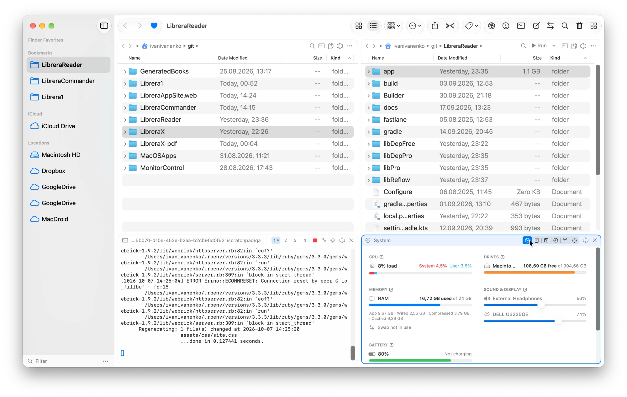The info panel's System view: CPU load, drive space, memory, sound and display sliders, and battery