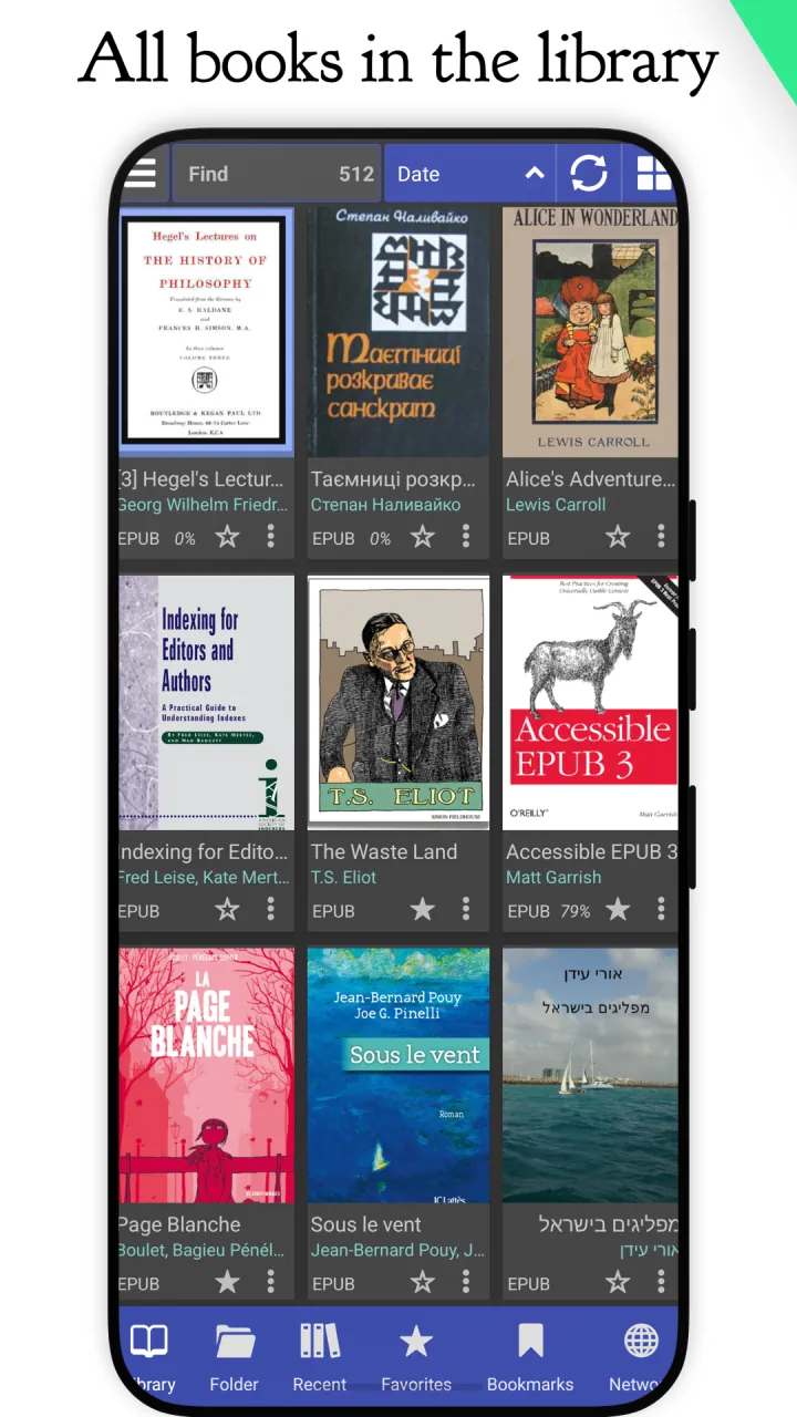 The library showing every book on the device as covers