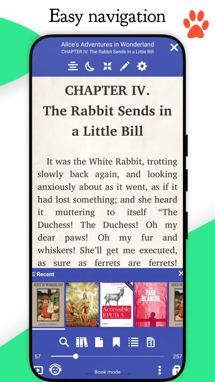 The reading screen with the toolbar and the Recent strip open