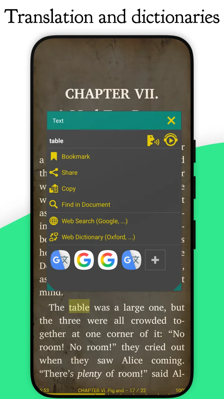 A selected word with the Copy, Share, Web Search and dictionary menu