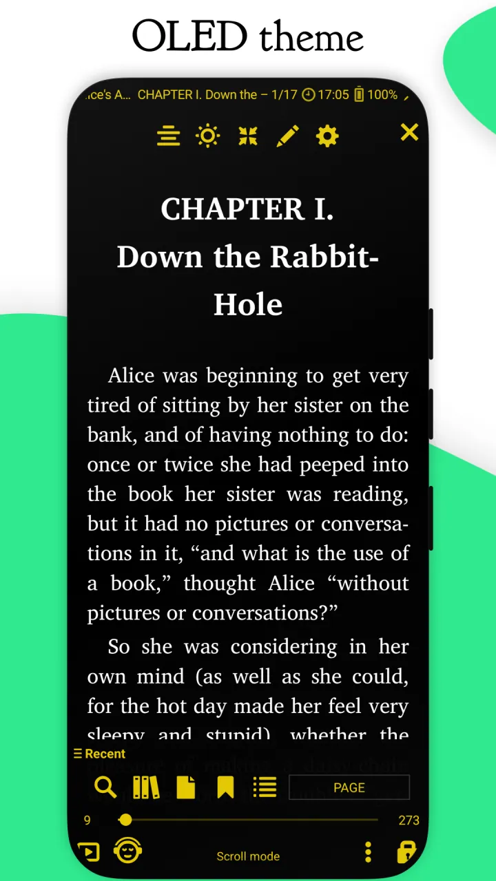 A book in the black OLED theme with amber text