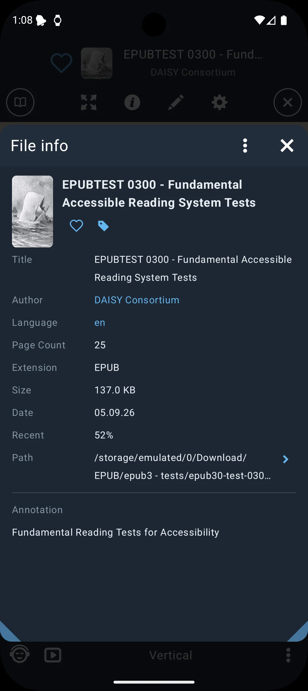 The file info sheet for an EPUB: title, author, language, pages, size and progress