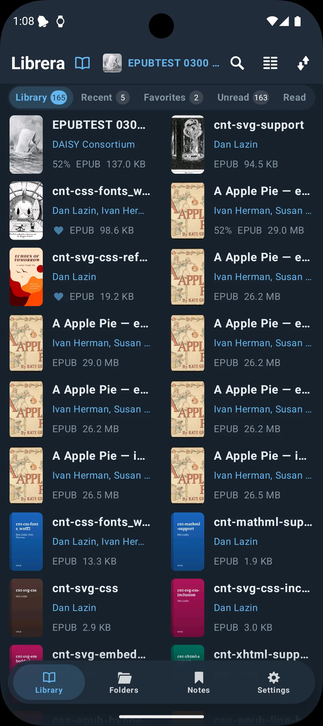 The library as a list with covers, authors and formats