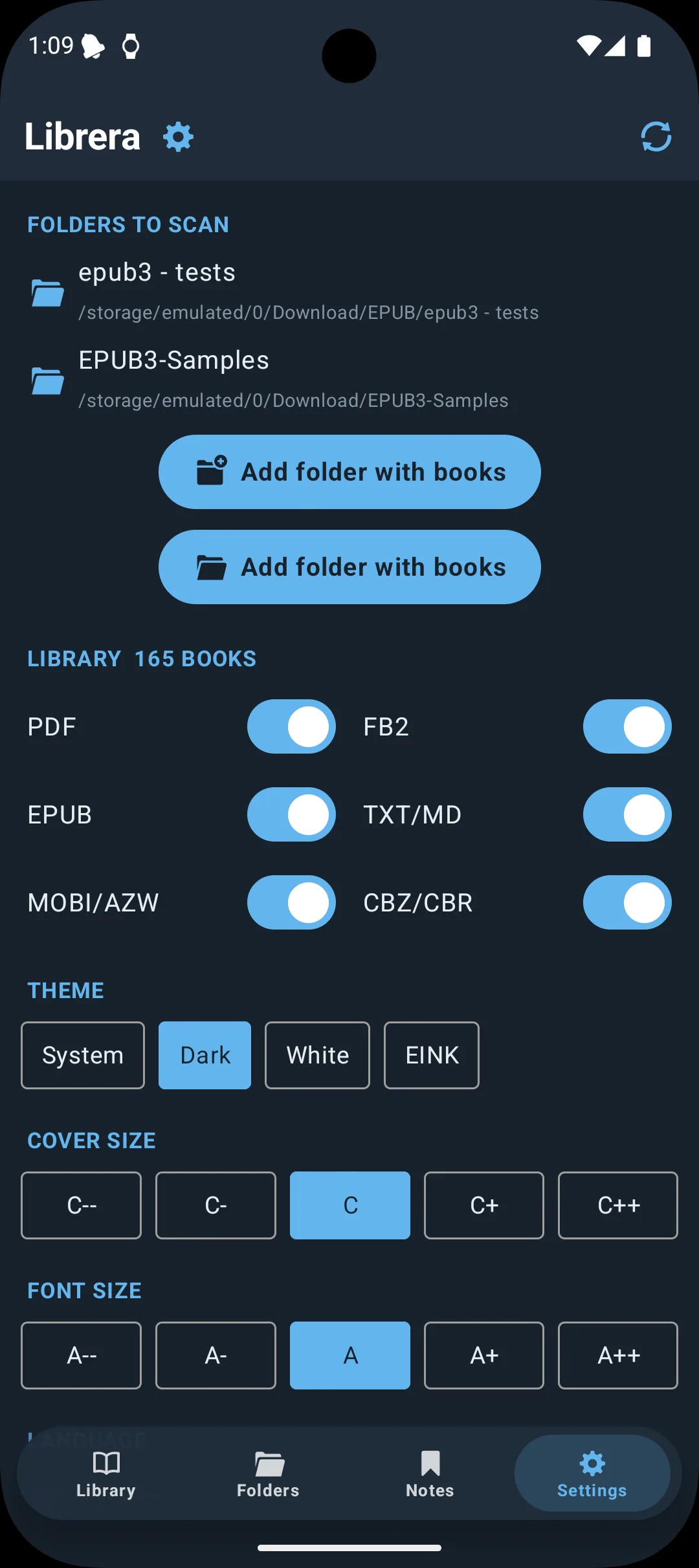 Settings: library folders, formats, theme and cover size