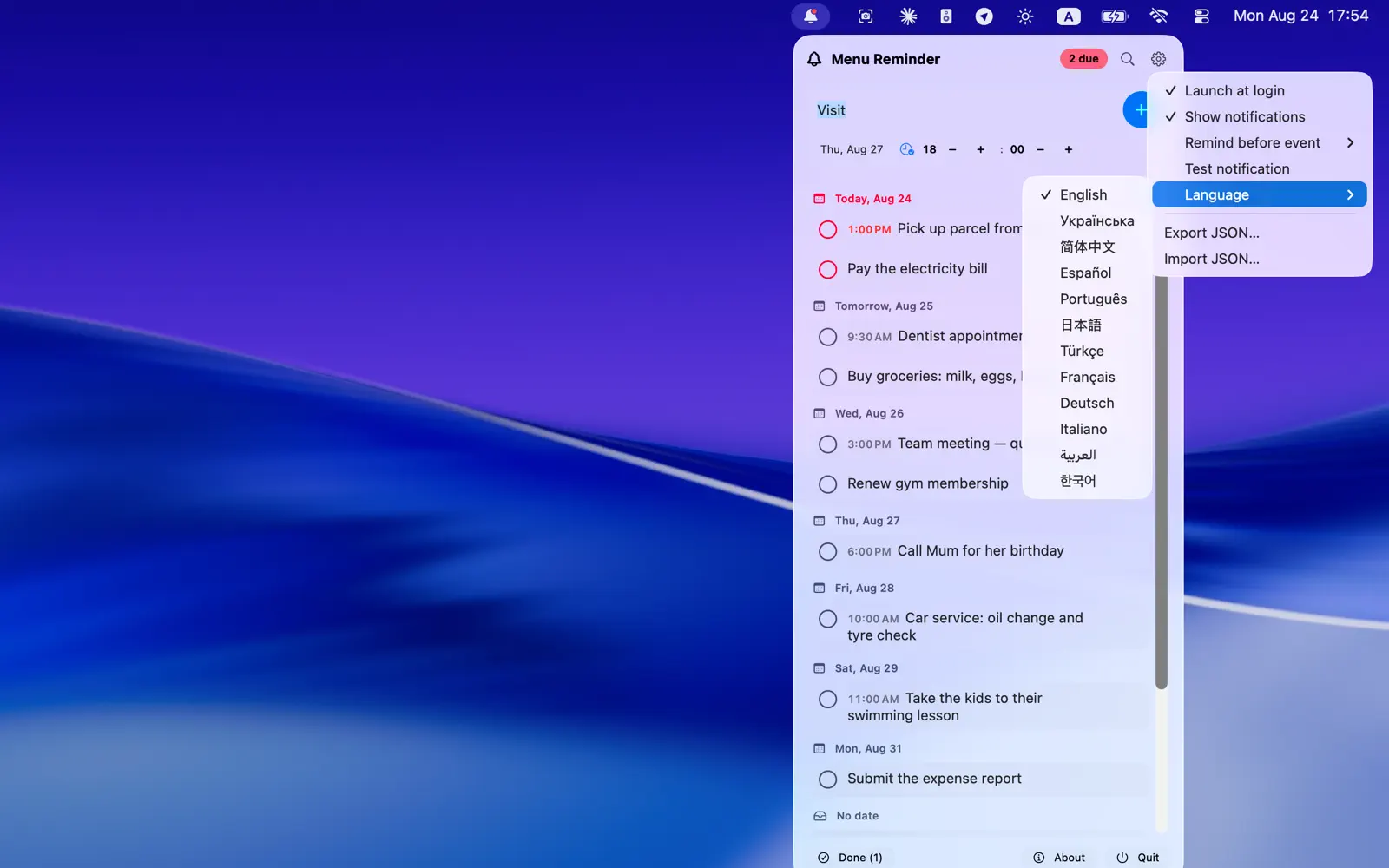 The Menu Reminder settings menu on the Mac