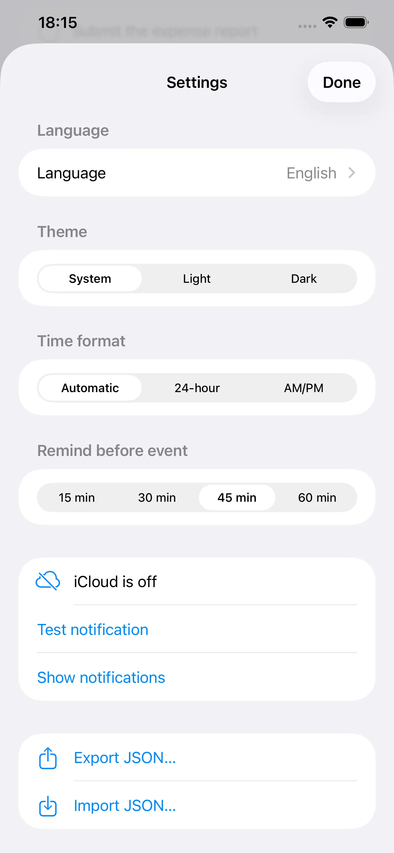 Settings on iPhone: language, theme, time format and notifications