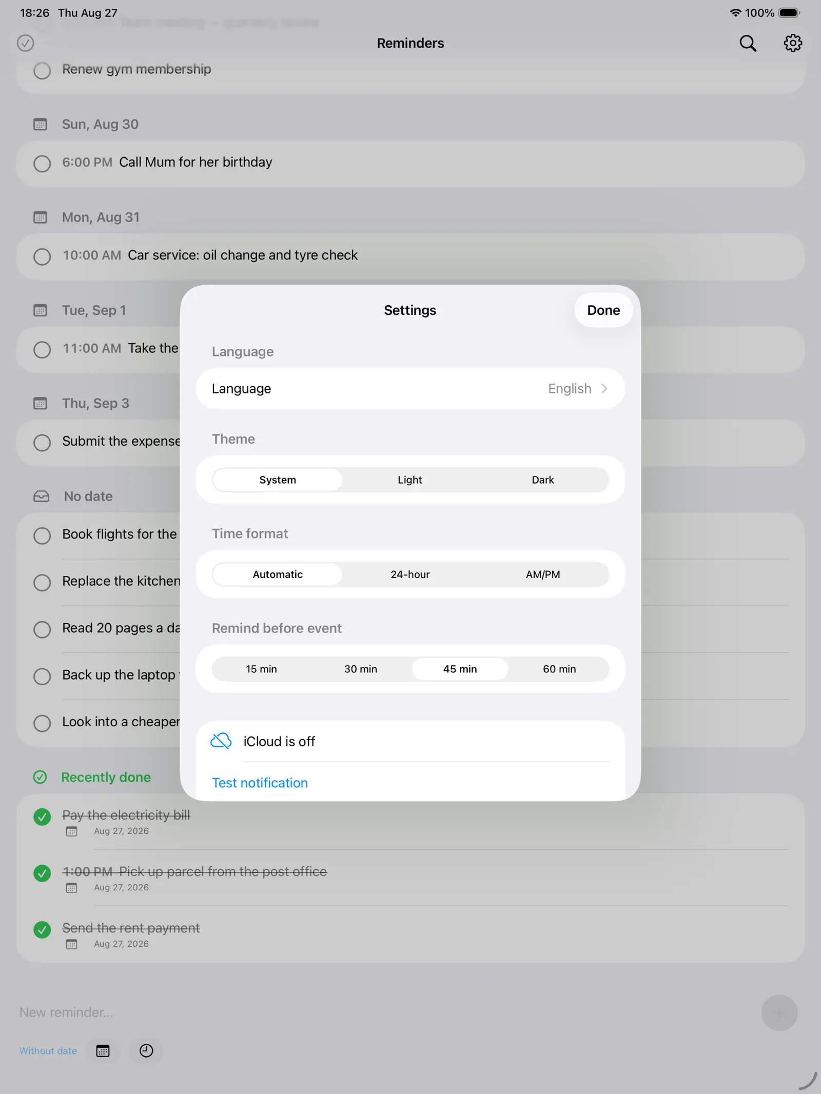 Settings over the reminder list on iPad