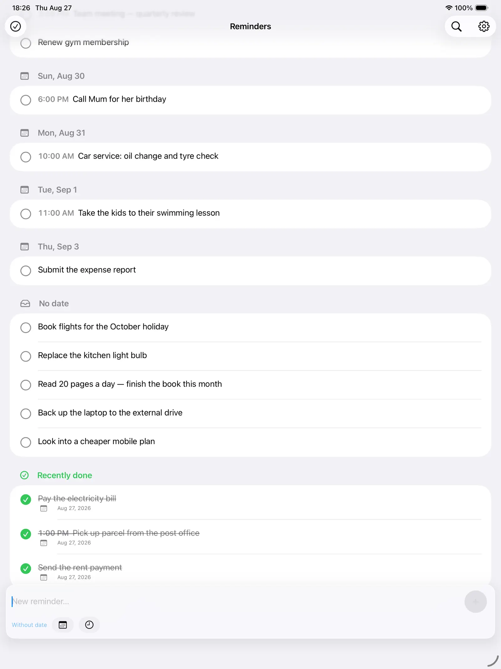 The reminder list on iPad with Recently done at the bottom