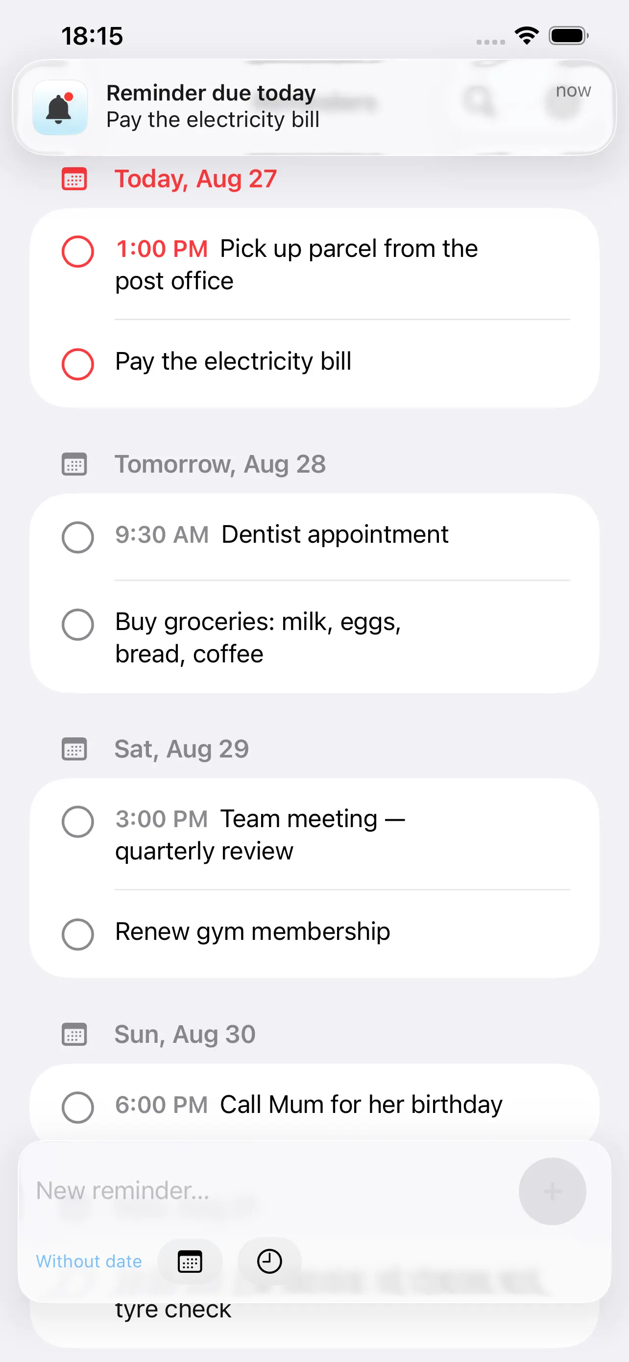 A Reminder due today notification over the list on iPhone