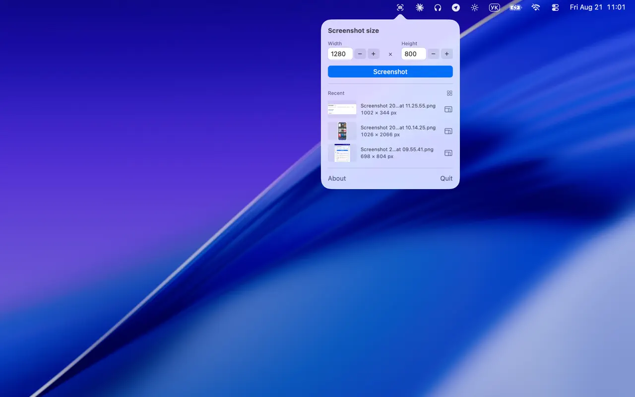 The Menu Screenshot panel: width and height, the Screenshot button and recent captures