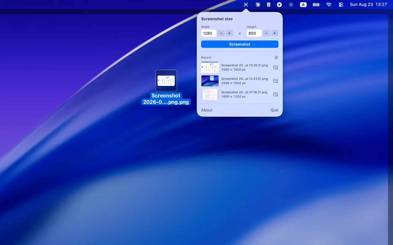 The dragged screenshot dropped on the desktop as a PNG file, beside the panel