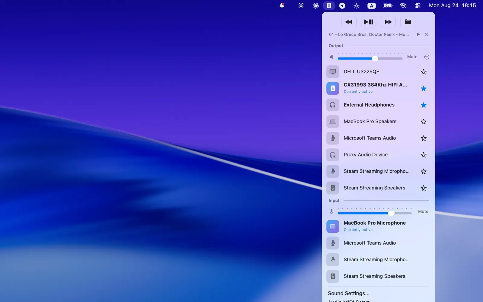 The Sound Icon menu listing every output and input device, with favorites starred