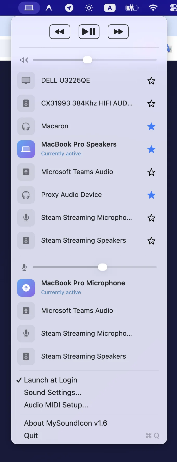 The Sound Icon menu with a star next to each output device
